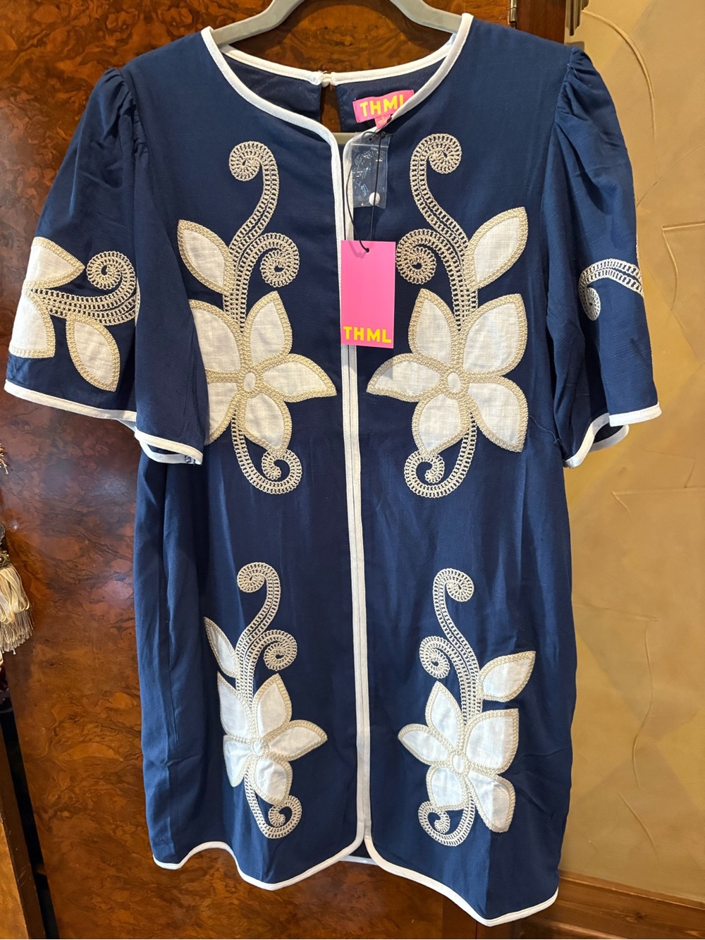 THML Navy Dress with Cream Floral Embroidery, NWT